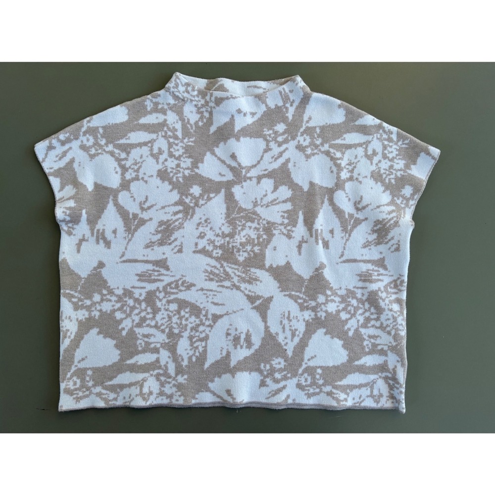 Joie Beige White Floral Jacquard Mock Neck Sleeveless Knit Top Size M Coastal